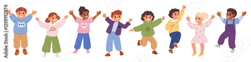 Cute jumping children. Happy kids having fun. Funny boys and girls rejoice. Cartoon primary school students. Excited emotion expressions. Joyful teenager gestures. Garish vector set