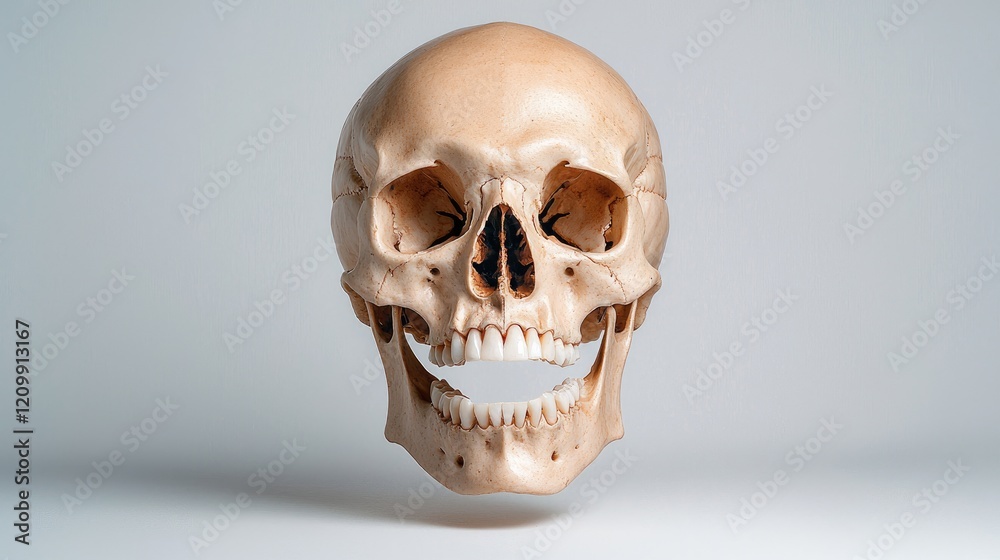Fototapeta premium Floating human skull, anatomical study, medical illustration, light background, health