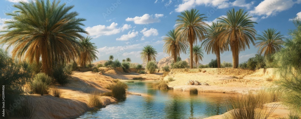 Obraz premium A hidden oasis in the desert, where palm trees sway and cool water trickles from a natural spring.