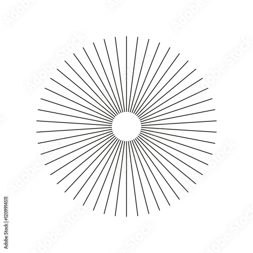 Radial circle lines. Spokes with radiating stripes. Circular lines icon. Symbol of Sun star rays. Flat design element layout. Abstract illusion geometric shape mockup.
