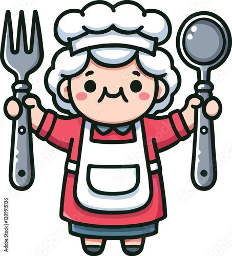 Grandmother Nanny Chef wearing a chef's hat, apron, and carrying a spoon.