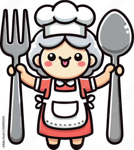 Grandmother Nanny Chef wearing a chef's hat, apron, and carrying a spoon.