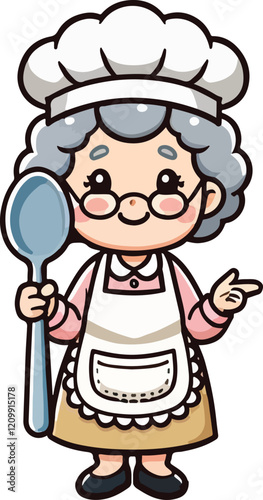 Grandmother Nanny Chef wearing a chef's hat, apron, and carrying a spoon.