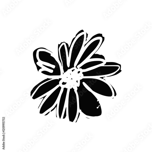 Hand drawn black ink abstract daisy flower silhouette isolated on white background. Monochrome scribble style bloom. Sketchy minimalist floral design.