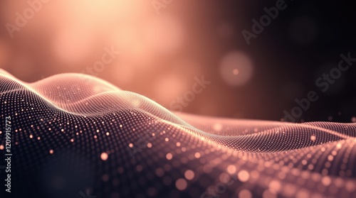Abstract waves, flowing particles, rose gold, digital network, futuristic, ethereal, glowing dots, interconnected mesh, dynamic motion, technological concept, floating particles, cosmic, sleek design,