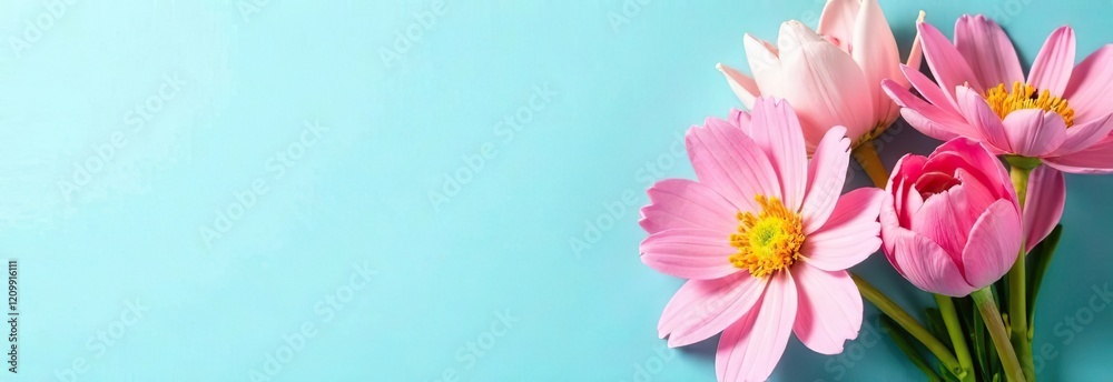 Fototapeta premium Bouquet of beautiful spring flowers on pastel blue table top view. Greeting card for International Women Day. Flat lay