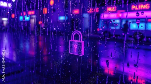 cyberpunk city street, neon lights, purple hue, rainy night, reflective puddles, holographic padlock icon, digital security concept, futuristic urban landscape, glowing signs, cybersecurity visualizat