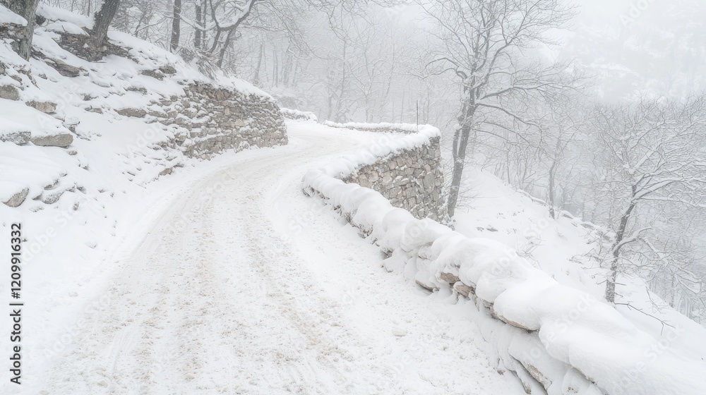 Fototapeta premium Snowy mountain road winding through winter forest