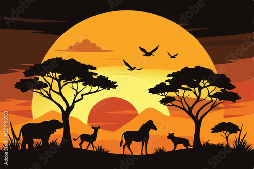 Sunrise Sunset Animal Silhouette Landscape Illustration good for Animal Rights Awareness Week