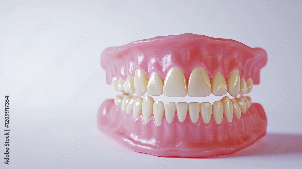 Obraz premium Close-up of perfectly aligned, sparkling white teeth, clean and healthy, with a soft pink gum line on a white background.