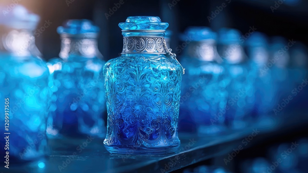 Blue Glass Bottles on Shelf, Ornate Design, Close-up, Display Blue Glass Bottles on Shelf, Ornate Design, Close-up, Display
