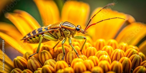 Tiny Asian Cockroach Nymph Cleaning Antennae on Yellow Spring Flower in Houston, Texas photo