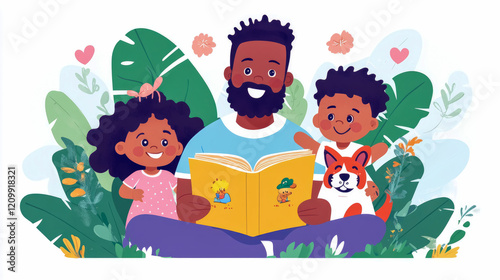 Happy Black Family Reading Book Outdoors: A Father, Daughter, Son, and Pet Dog Enjoying Story Time Amidst Lush Greenery
