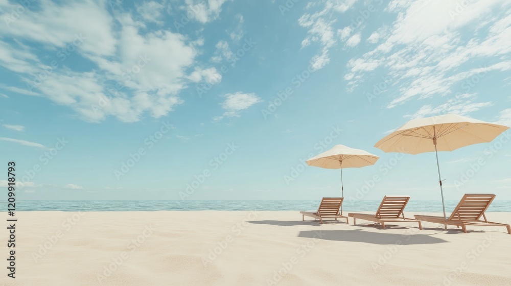 Three-dimensional beach chairs and umbrellas on an empty summer beach. Three-dimensional beach chairs and umbrellas on an empty summer beach.