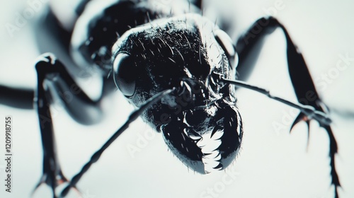 Detailed close-up of an ant shiny black exoskeleton, standing on a bright white background. photo