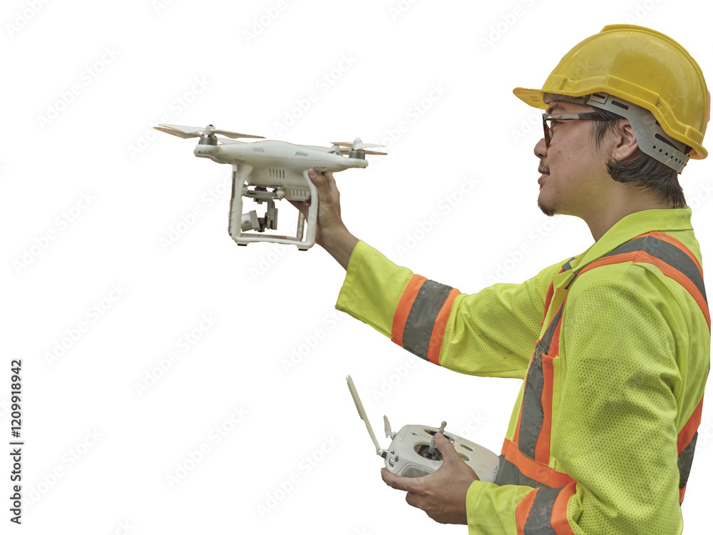 Engineer or worker piloting drone at ontainer cargo ship at shipping port. video surveillance or industrial inspection