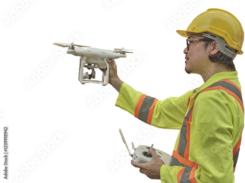 Obraz na płótnie Engineer or worker piloting drone at ontainer cargo ship at shipping port. video surveillance or industrial inspection w salonie