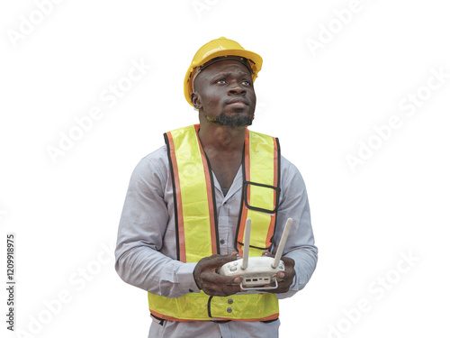 Engineer or  worker piloting drone at ontainer cargo ship at shipping port. video surveillance or industrial inspection photo