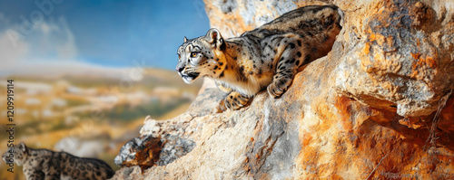 A snow leopard leaps gracefully from a rocky ledge, showcasing its agility and striking coat against a vivid natural backdrop.