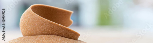 A smooth, swirling mound of soft brown material, resembling dessert, set against a softly blurred background.