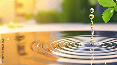 A serene image of water droplets creating ripples, complemented by green leaves, capturing tranquility and nature's beauty.