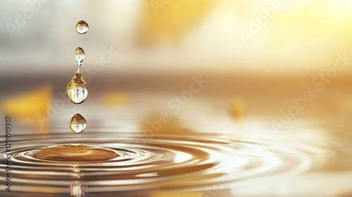 A single water droplet falling into a serene surface, creating ripples, illuminated by warm sunlight.