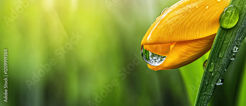 A close-up of a vibrant yellow flower petal with a water droplet, set against a soft green background, showcasing nature's beauty.