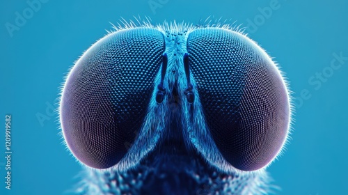 Extreme macro of a fly head, showcasing the texture of its eyes and antennae against a minimalist background.
