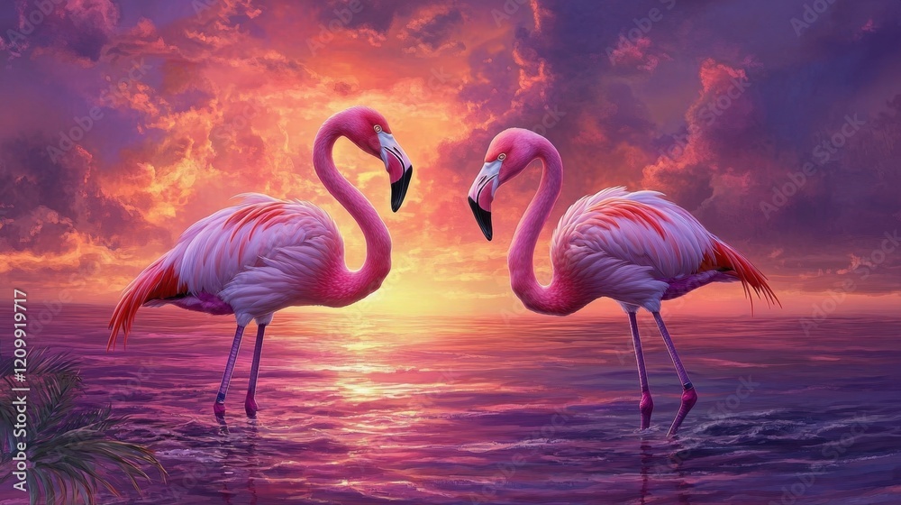 Fototapeta premium Romantic flamingos in a tranquil tropical setting, their vivid pink hues glowing under a fiery sunset.