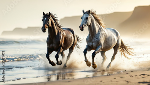 Photorealistic image of two horses running freely along a quiet beach at dawn. The first horse is a powerful black stallion, and the second is a dapple grey mare, both in full strid photo