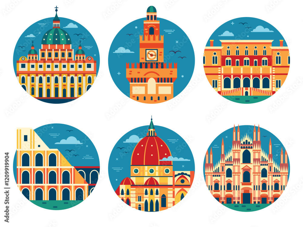 Italy Travel Circle Icons in Flat Design