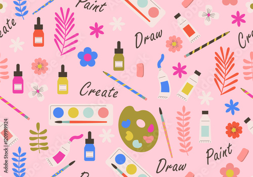 Art Supplies Seamless Pattern Background. Art education wallpaper with line icons of pencil, pen, paintbrush, palette, notebook. Painter supplies. Paint tube, pencil, crayons, color palette, brushes