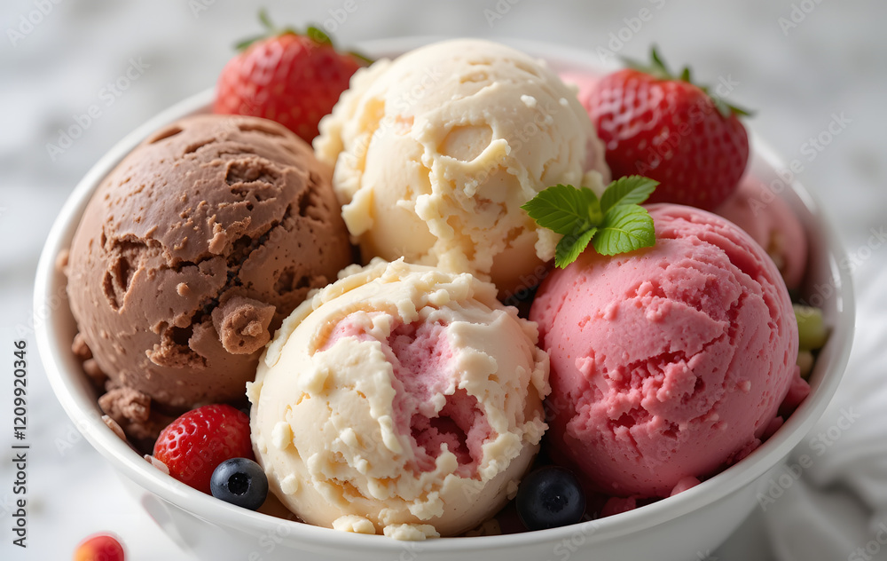 Delicious scoops of homemade ice cream of different flavors and fruits. Chocolate, cream, vanilla, strawberry, fruits of the forest Delicious scoops of homemade ice cream of different flavors and fruits. Chocolate, cream, vanilla, strawberry, fruits of the forest