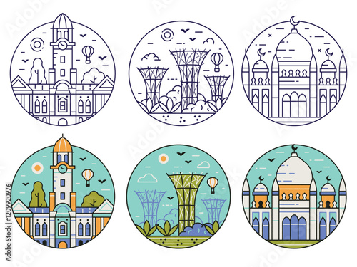 Singapore Landmarks and Symbols Line Icons