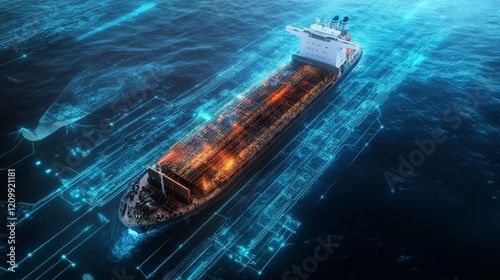 Aerial view of cargo ship with AI-driven global logistics in the ocean.