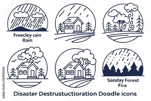 Hand-Drawn Disaster Illustration Set: Contour Sketches of Natural Calamities like Sandstorms, Droughts, and Heavy Rain