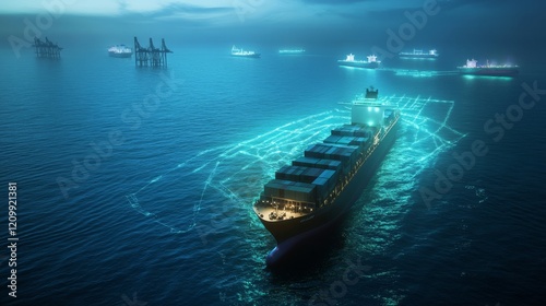 Aerial view of cargo ship with AI-driven global logistics in the ocean.