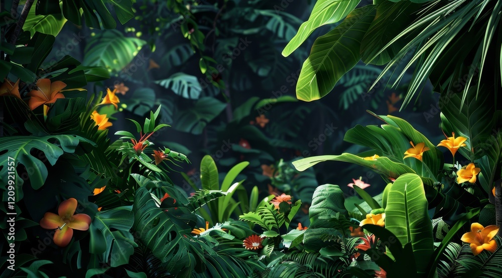 Fototapeta premium Lush green tropical foliage with sunlight filtering through the leaves, creating a bright spot in the center.