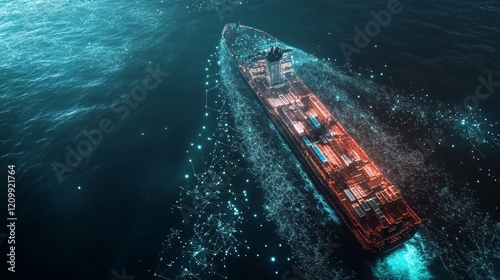 Aerial view of cargo ship with AI-driven global logistics in the ocean.