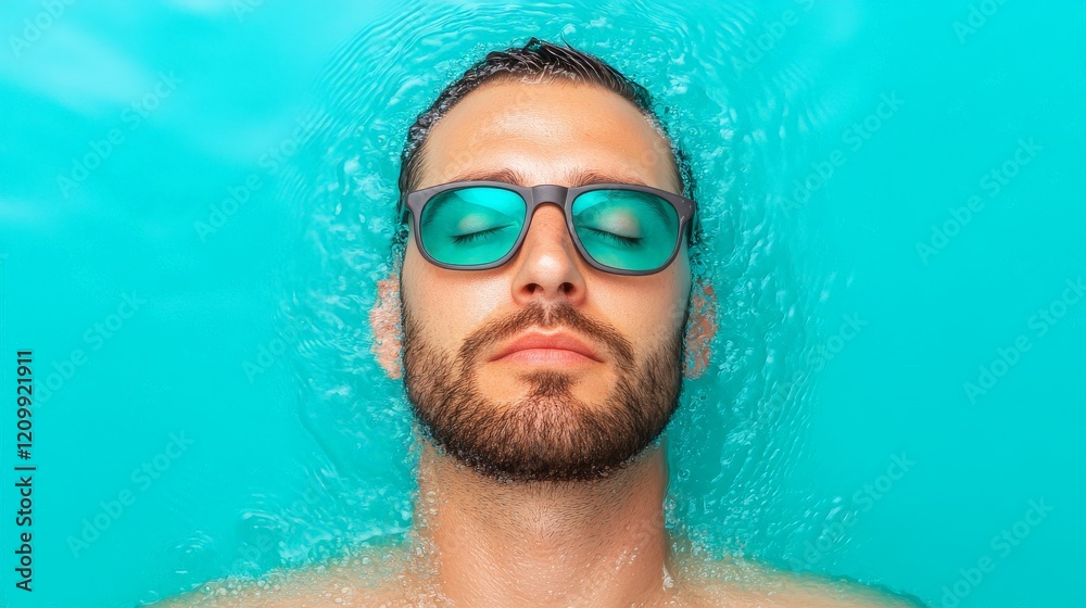 Naklejka premium Man in the Water: A close-up portrait of a man submerged in cool, aqua blue water. He wears stylish sunglasses and looks serenely at the viewer, conveying tranquility and refreshing relaxation.