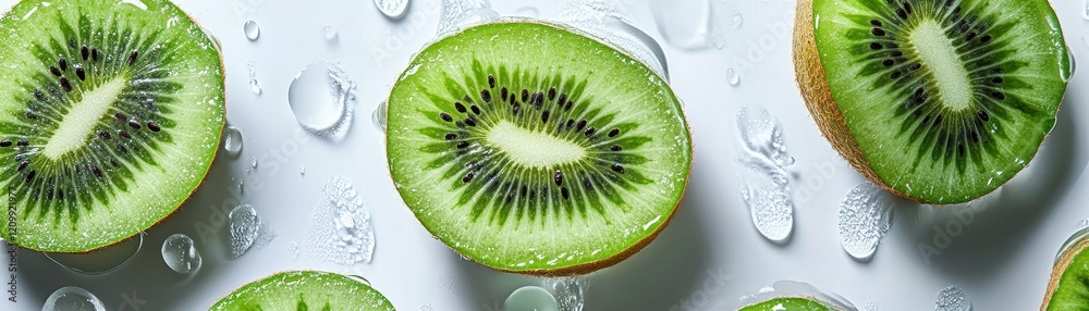Fresh Sliced Kiwi Fruit with Water Droplets on White Background for Healthy Eating and Refreshing Summer Vibes Fresh Sliced Kiwi Fruit with Water Droplets on White Background for Healthy Eating and Refreshing Summer Vibes