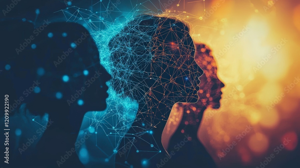 This artistic image showcases silhouette profiles connected through an abstract network, illustrating themes of communication, unity, and collective human experience in a modern aesthetic. This artistic image showcases silhouette profiles connected through an abstract network, illustrating themes of communication, unity, and collective human experience in a modern aesthetic.