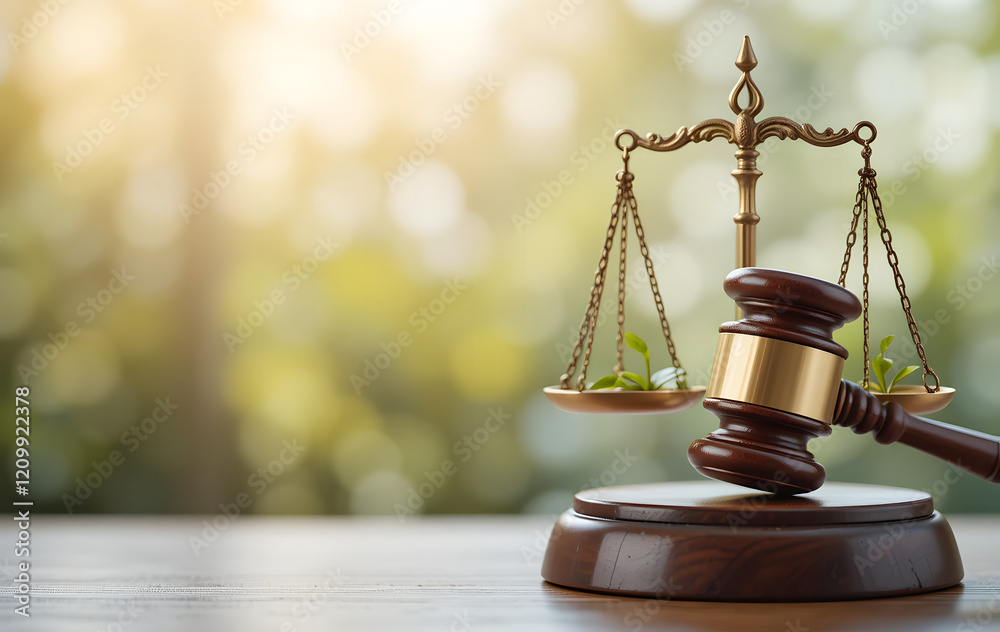 Environment Law. Gavel with scales of justice on environmental, law implement clean and sustainable energy Environment Law. Gavel with scales of justice on environmental, law implement clean and sustainable energy