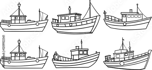 Set of fishing boat outline vector illustration
