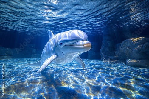 A lifelike 3D rendering shows a dolphin gliding through clear blue water in an underwater scene, beautifully capturing nature’s grace and digital artistry excellence. photo
