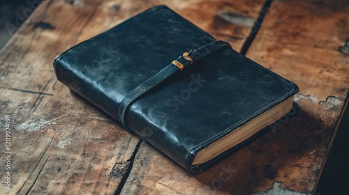 Aged Leather Journal Rests on Wooden Surface photo