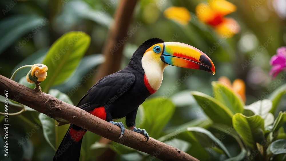 Naklejka premium A vibrant toucan perched on a branch amidst lush tropical foliage.
