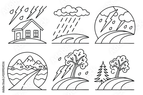 Hand-Drawn Disaster Illustration Set: Contour Sketches of Natural Calamities like Sandstorms, Droughts, and Heavy Rain