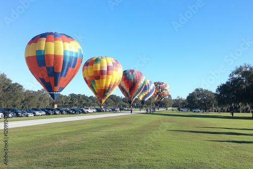 A series of multiple colorful hot air balloons are tethered and ready for lift-off in a wide, open field with a line of cars in the background under clear blue skies.