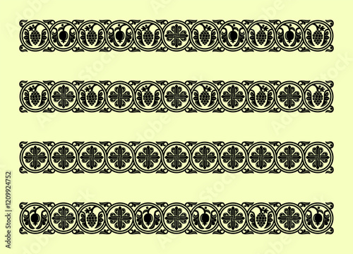 Set of decorative black borders with symbolic plants and cross. Overlapping circles. Stencil for wood carving.